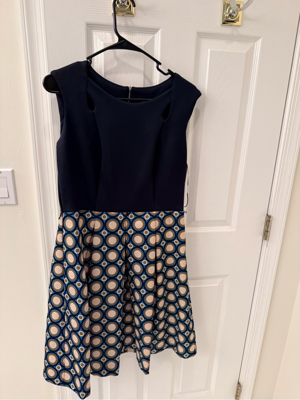 Roz & Ali Navy and Cream Fit-and-Flare Dress with Geometric Skirt